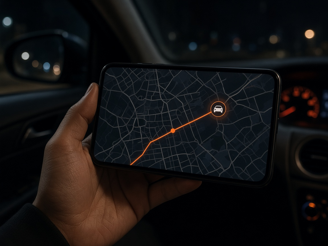 A passenger holding a phone with a live map and route during a night ride.