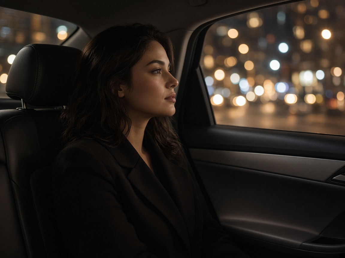 A rider looking out of a car window at night, city lights in the background.